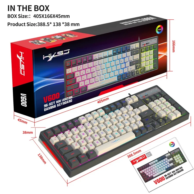 Teclado HXSJ V600B para Gaming, 96 Teclas, con Retroiluminación RGB, Membrana con Sensación Mecánica