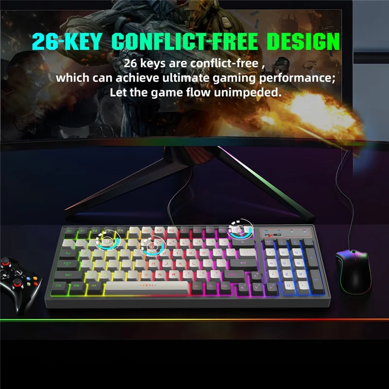 Teclado HXSJ V600B para Gaming, 96 Teclas, con Retroiluminación RGB, Membrana con Sensación Mecánica
