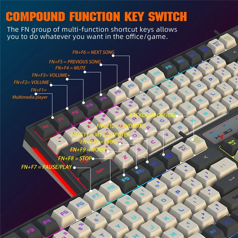 Teclado HXSJ V600B para Gaming, 96 Teclas, con Retroiluminación RGB, Membrana con Sensación Mecánica