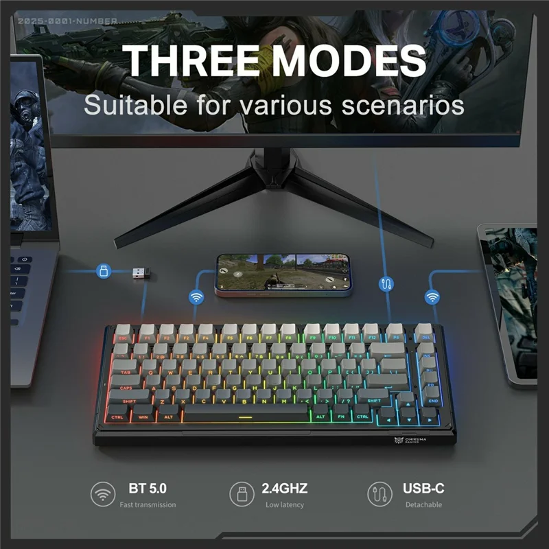 ONIKUMA G83 2,4G Draadloos / Bluetooth-compatibel / Bedraad 3 Modi 82-Toets Mechanisch Toetsenbord Verwisselbare Schakelaars Gamingtoetsenbord