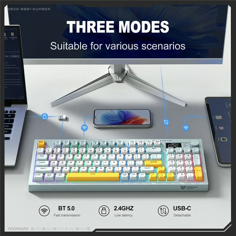 Tastiera da gioco ONIKUMA G80 con tasti a membrana wireless 2,4G / Bluetooth / Cablata, 3 modalità con retroilluminazione RGB