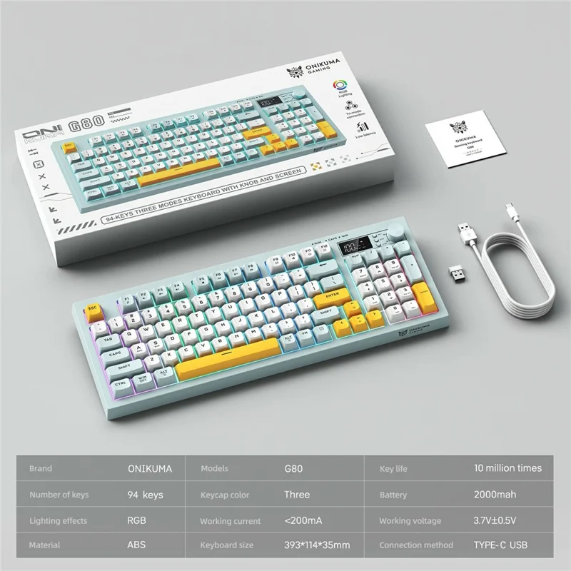 Tastiera da gioco ONIKUMA G80 con tasti a membrana wireless 2,4G / Bluetooth / Cablata, 3 modalità con retroilluminazione RGB