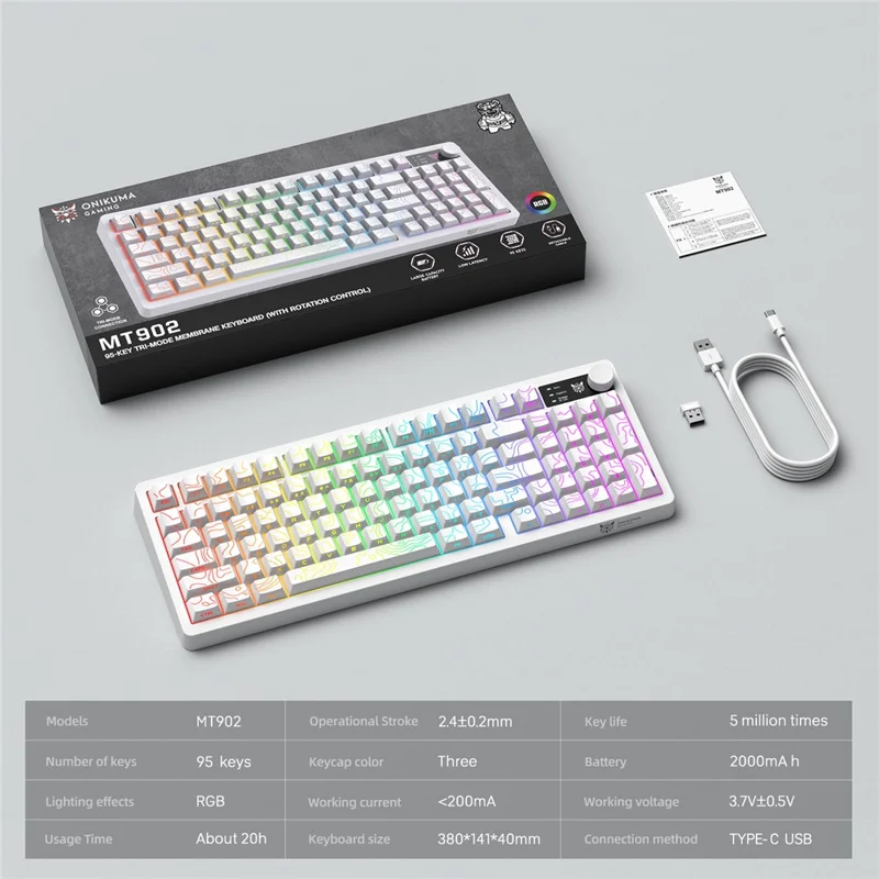 ONIKUMA MT902 95-Key Wireless 2.4GHz USB-C Tri-mode Mechanical Gaming Keyboard RGB Backlit with Knob - White