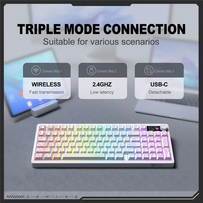ONIKUMA MT902 95-Key Wireless 2.4GHz USB-C Tri-mode Mechanical Gaming Keyboard RGB Backlit with Knob - White