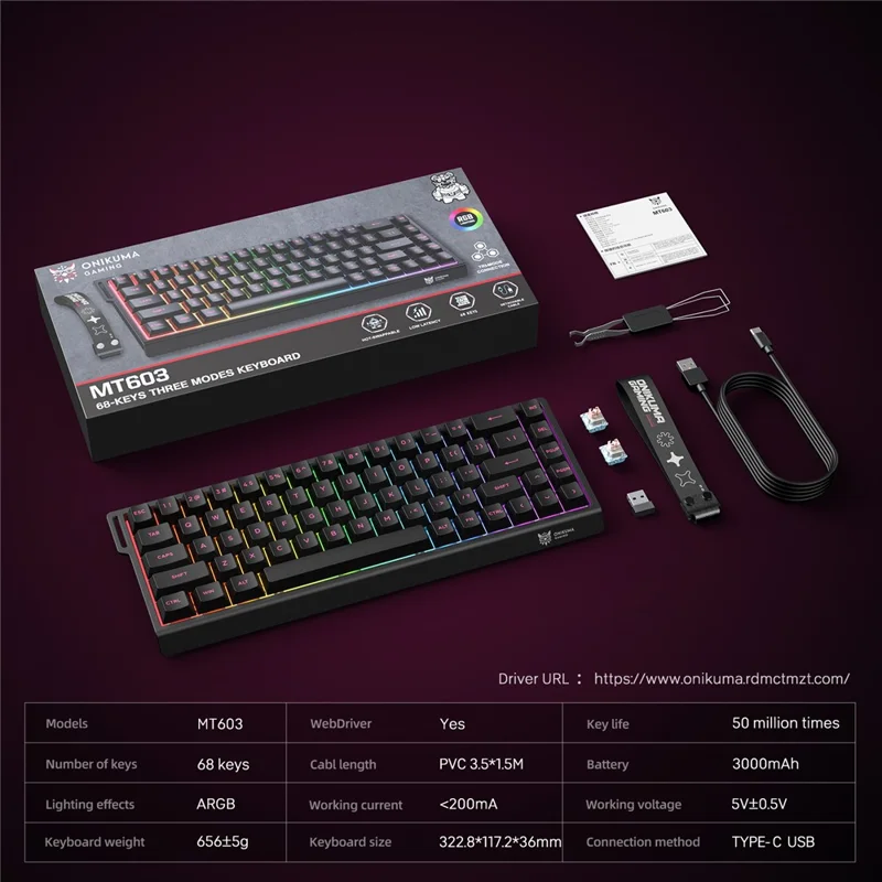 ONIKUMA MT603 68 Keys Mechanical Keyboard Three Modes 2.4GHz Wireless Gaming Keyboard - Black