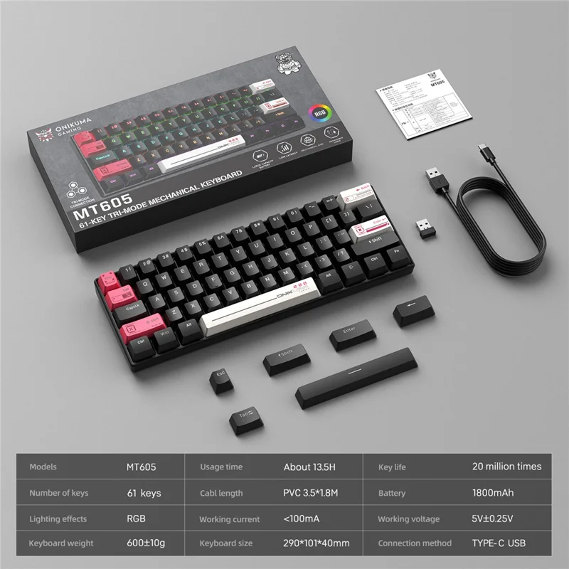 ONIKUMA MT605 61-Key Tri-Mode Mechanical Keyboard Bluetooth-compatible 2.4G Wireless Wired RGB Gaming Keyboard for Office - White