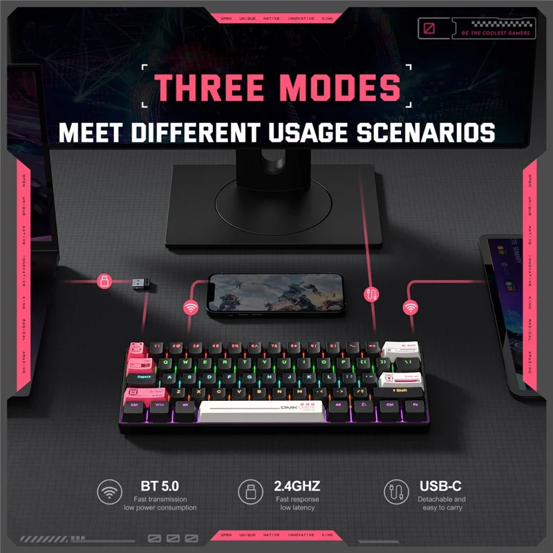ONIKUMA MT605 61-Key Tri-Mode Mechanical Keyboard Bluetooth-compatible 2.4G Wireless Wired RGB Gaming Keyboard for Office - White