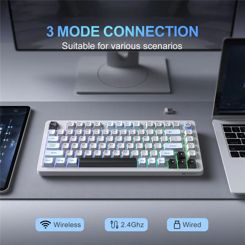ONIKUMA MT501 81 Keys Gaming Keyboard 3-Mode Wireless 2.4G Bluetooth-compatible Type-C RGB Backlight PC Keyboard - White
