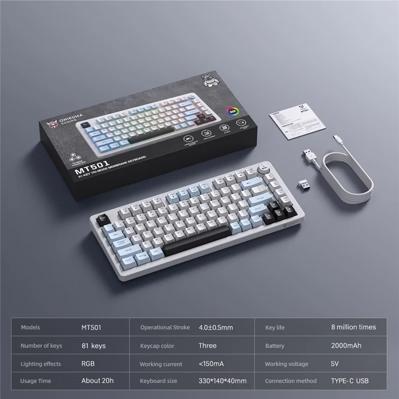 ONIKUMA MT501 81 Keys Gaming Keyboard 3-Mode Wireless 2.4G Bluetooth-compatible Type-C RGB Backlight PC Keyboard - White
