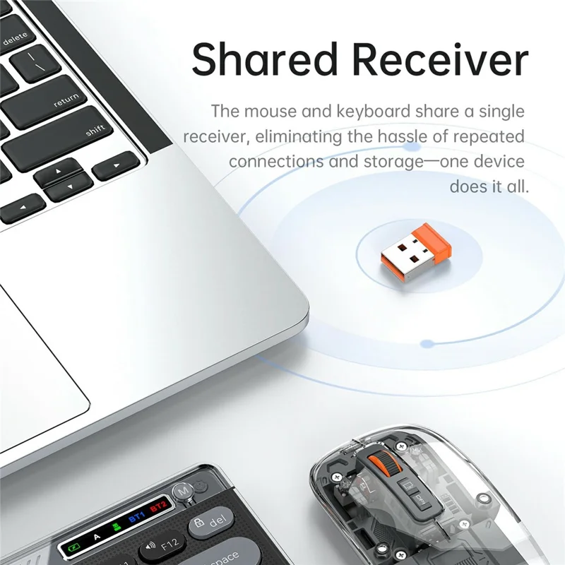 HXSJ MK781 Type-C Clavier et Souris Sans Fil 2,4 G Bluetooth, Ensemble de Clavier et Souris à Coque Transparente, 78 Touches, Trois Modes, pour Usage Professionnel - Gris Noir