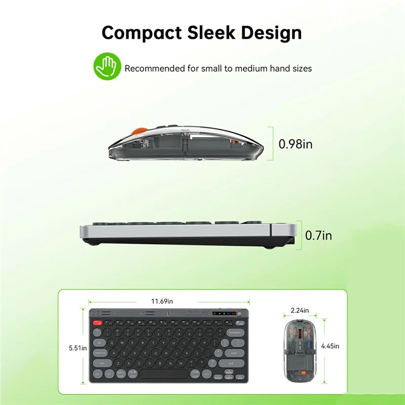 HXSJ MK781 Type-C Clavier et Souris Sans Fil 2,4 G Bluetooth, Ensemble de Clavier et Souris à Coque Transparente, 78 Touches, Trois Modes, pour Usage Professionnel - Gris Noir
