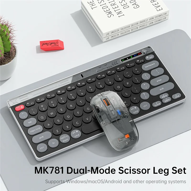 HXSJ MK781 Type-C Clavier et Souris Sans Fil 2,4 G Bluetooth, Ensemble de Clavier et Souris à Coque Transparente, 78 Touches, Trois Modes, pour Usage Professionnel - Gris Noir