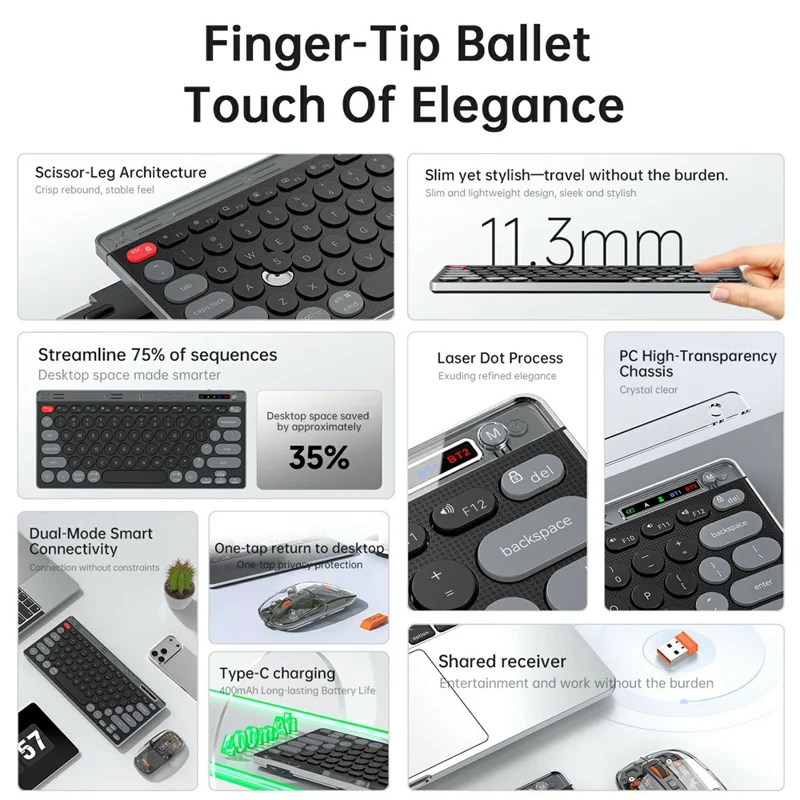 HXSJ MK781 Type-C Clavier et Souris Sans Fil 2,4 G Bluetooth, Ensemble de Clavier et Souris à Coque Transparente, 78 Touches, Trois Modes, pour Usage Professionnel - Gris Noir