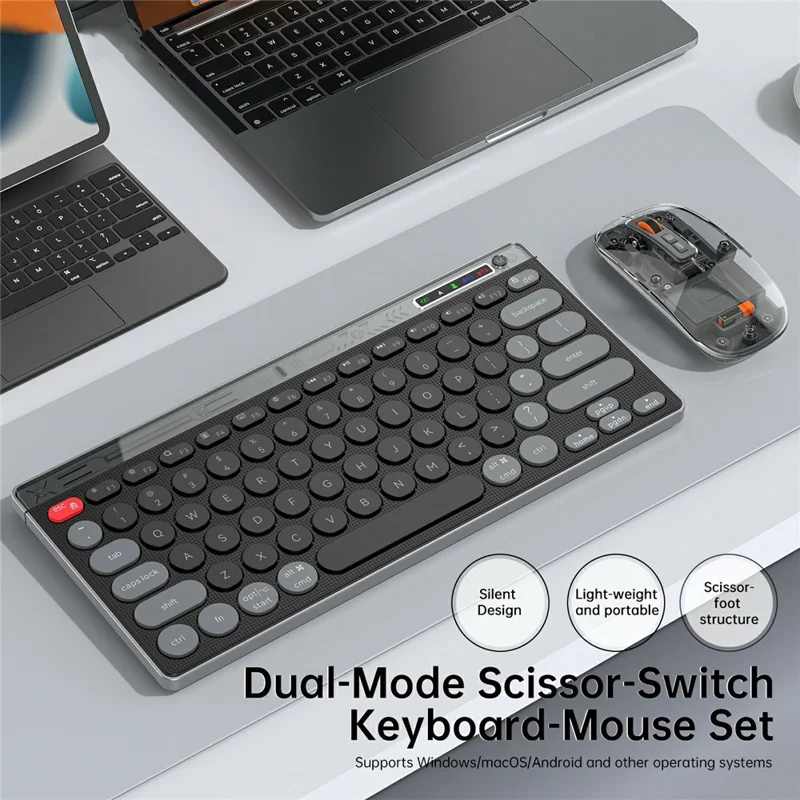 HXSJ MK781 Type-C Clavier et Souris Sans Fil 2,4 G Bluetooth, Ensemble de Clavier et Souris à Coque Transparente, 78 Touches, Trois Modes, pour Usage Professionnel - Gris Noir