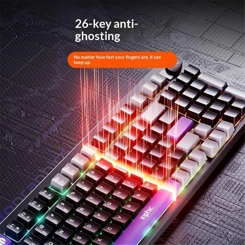 INPHIC V98PRO Wired Keyboard 98-Key Mechanical Feel Membrane Keyboard with RGB Backlit for Office Gaming - Black+Grey