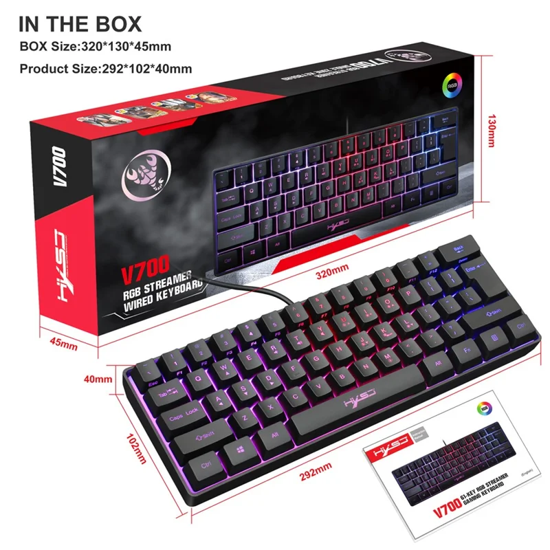 HXSJ V700 61 Keys USB Wired Gaming Keyboard with Colorful Backlight for Computer Desktop Laptop PC - Black