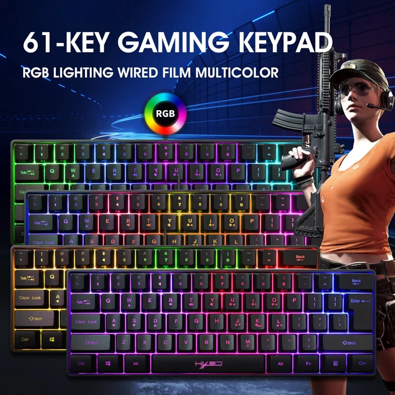 HXSJ V700 61 Keys USB Wired Gaming Keyboard with Colorful Backlight for Computer Desktop Laptop PC - Black