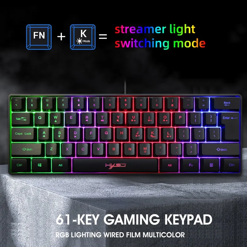 HXSJ V700 61 Keys USB Wired Gaming Keyboard with Colorful Backlight for Computer Desktop Laptop PC - Black
