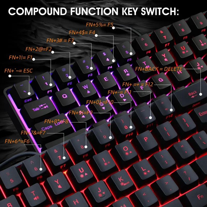 HXSJ V700 61 Keys USB Wired Gaming Keyboard with Colorful Backlight for Computer Desktop Laptop PC - Black
