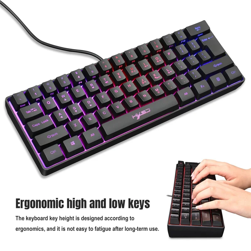 HXSJ V700 61 Keys USB Wired Gaming Keyboard with Colorful Backlight for Computer Desktop Laptop PC - Black