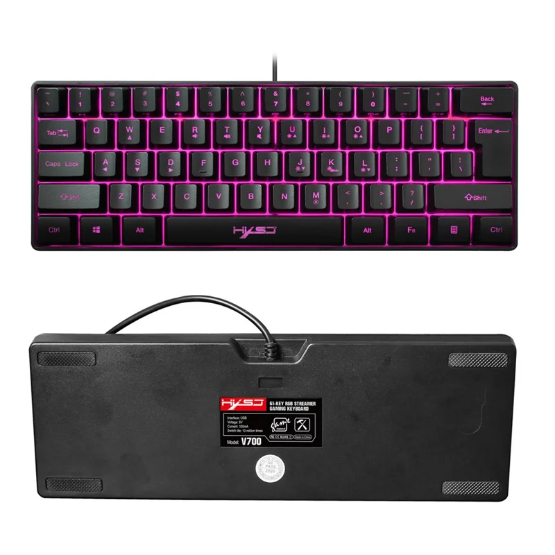 HXSJ V700 61 Keys USB Wired Gaming Keyboard with Colorful Backlight for Computer Desktop Laptop PC - Black