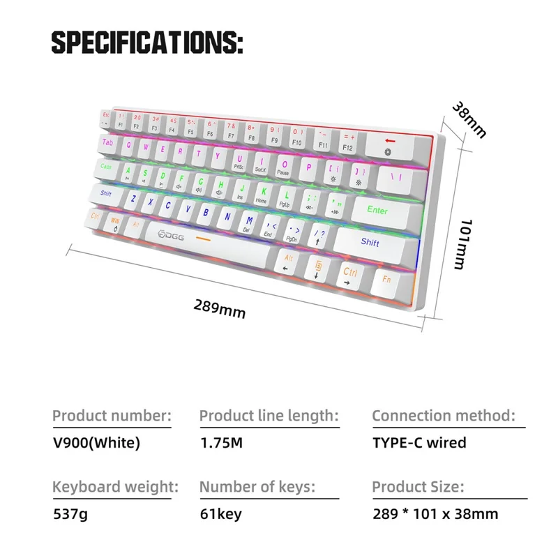 HXSJ V900 Wired 61 Keys Colorful Backlit Computer Laptop Home Office Gaming Blue Switch Mechanical Keyboard - White