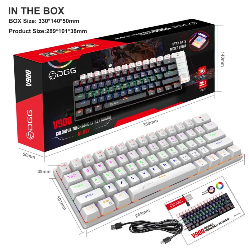 HXSJ V900 Wired 61 Keys Colorful Backlit Computer Laptop Home Office Gaming Blue Switch Mechanical Keyboard - White