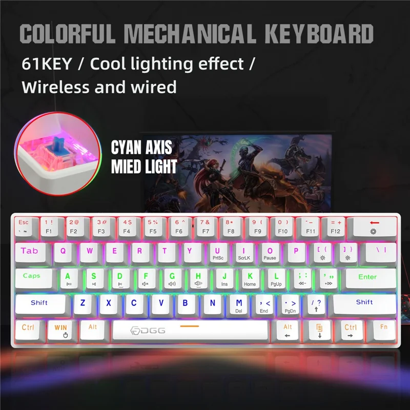 HXSJ V900 Wired 61 Keys Colorful Backlit Computer Laptop Home Office Gaming Blue Switch Mechanical Keyboard - White