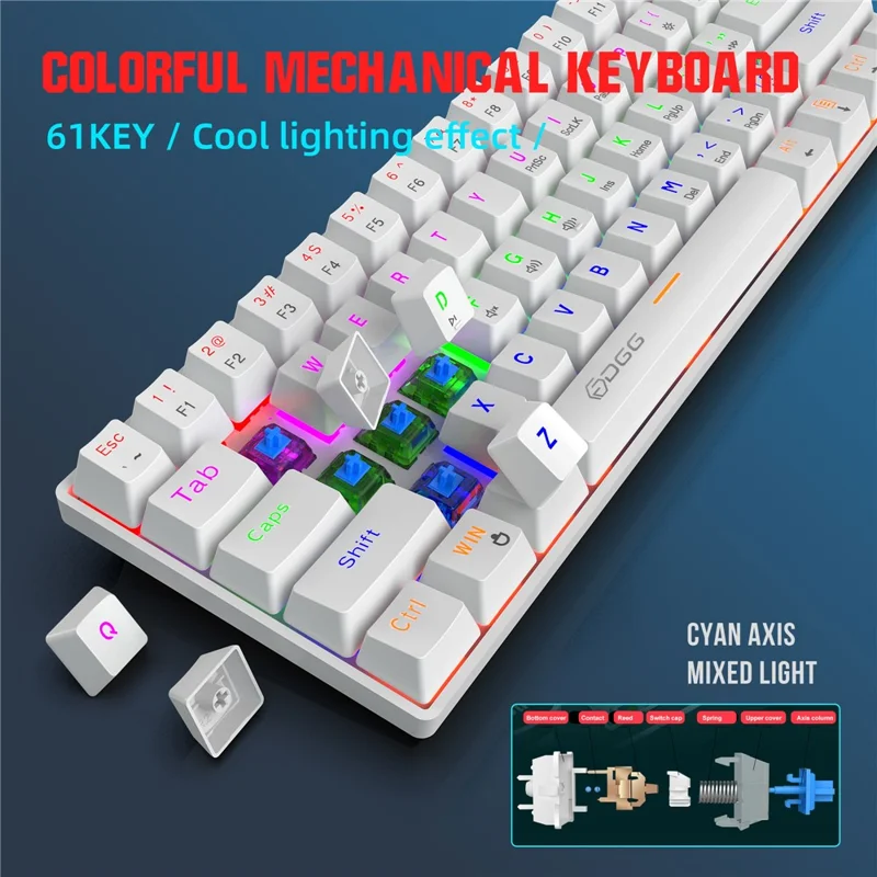 HXSJ V900 Wired 61 Keys Colorful Backlit Computer Laptop Home Office Gaming Blue Switch Mechanical Keyboard - White