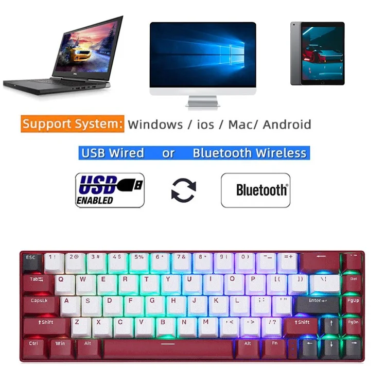MOTOSPEED BK67 Clavier mécanique de jeu pour ordinateur portable 67 touches, rétroéclairage RVB, Bluetooth 5.0 sans fil / filaire - Rouge 