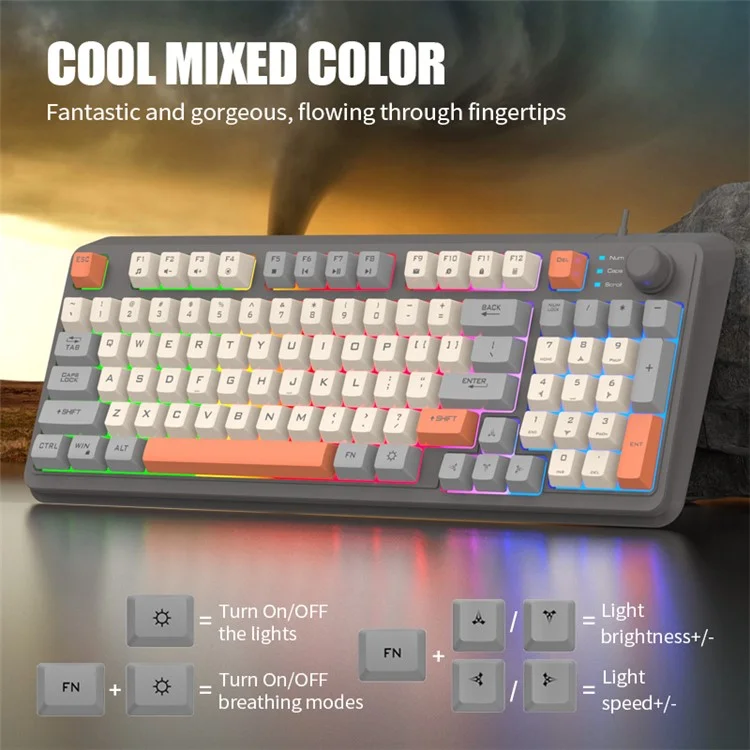 XUNFOX K82 94 touches Clavier de jeu filaire Couleurs mélangées rétroéclairé Clavier USB avec support - Légère lumière