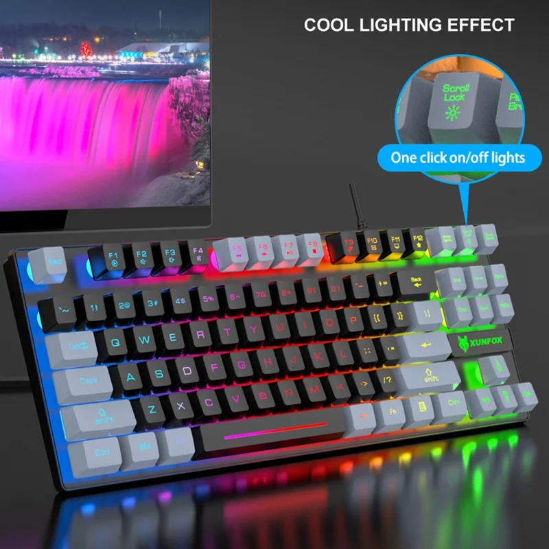 XUNFOX K10 USB Wired Mechanical Hand-Feel Keyboard 87 Keys Gamer Keyboard with Colorful Backlight - Black  /  Grey