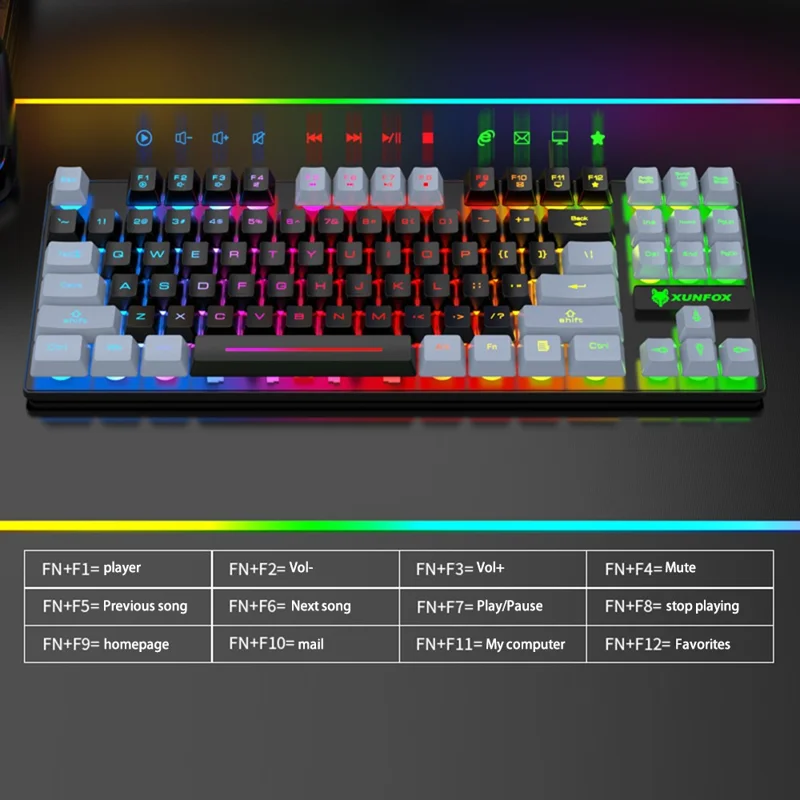 XUNFOX K10 USB Wired Mechanical Hand-Feel Keyboard 87 Keys Gamer Keyboard with Colorful Backlight - Black  /  Grey