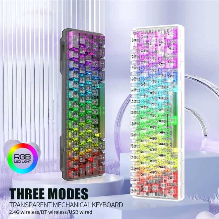 XUNFOX K30 Pro Three Modes Transparent Mechanical Keyboard White Axis 61 Keys Gaming Keyboard with RGB Backlight - White