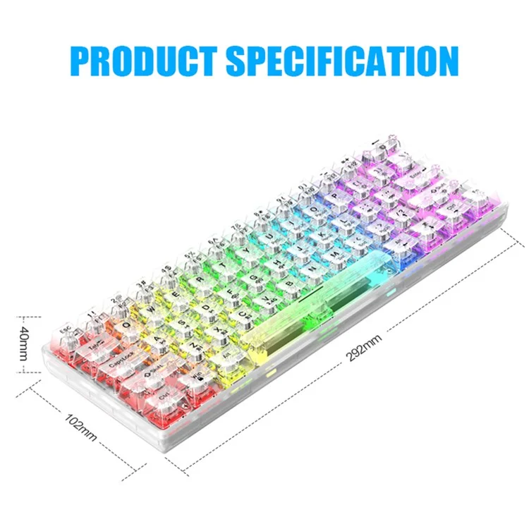 XUNFOX K30 Pro Three Modes Transparent Mechanical Keyboard White Axis 61 Keys Gaming Keyboard with RGB Backlight - White