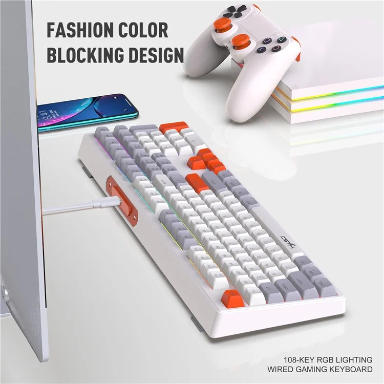 HXSJ V300 Teclado Mecânico de Jogos 108 Teclas RGB Streamer Backlit Ajustável com Fio - Cinza+Branco+Laranja