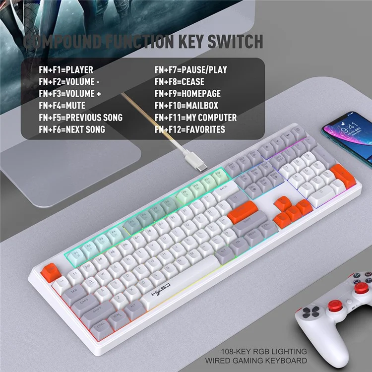 HXSJ V300 Teclado Mecânico de Jogos 108 Teclas RGB Streamer Backlit Ajustável com Fio - Cinza+Branco+Laranja