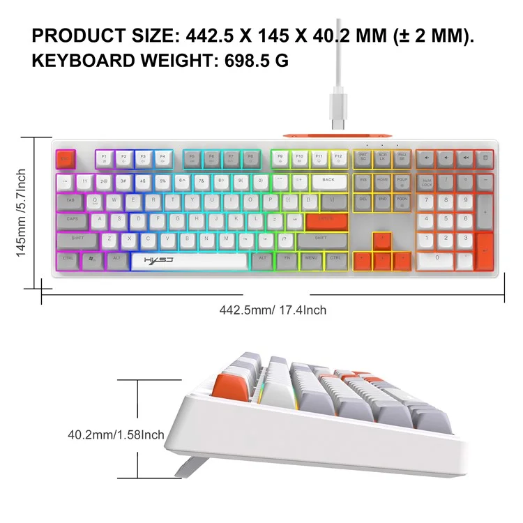 HXSJ V300 Teclado Mecânico de Jogos 108 Teclas RGB Streamer Backlit Ajustável com Fio - Cinza+Branco+Laranja