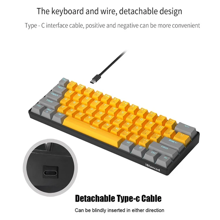 IBLANCOD K61 Mixed Color Keycap Mechanical Blue Backlight Gaming Keyboard for Computer - Yellow+Grey / Blue