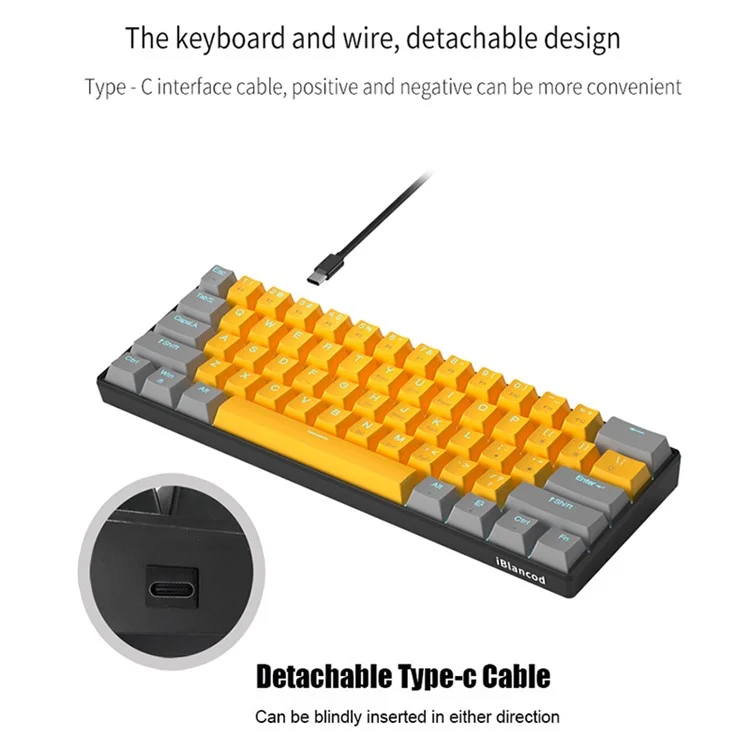 Iblancod K61 Tecla de Teclado de Color de Color Mixto Teclado de Juego de Retroiluminación Mecánica Para Computadora Para Computadora - Amarillo+gris / Azul