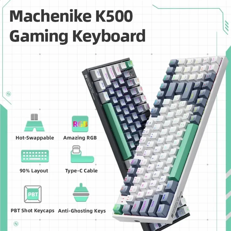 MACHENIKE K500-94 Teclado de Juegos con Cable, Retroiluminación RGB, Sensación Mecánica, Ergonómico - Interruptor Marrón / Gris