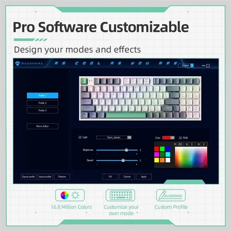 MACHENIKE K500-94 Teclado de Juegos con Cable, Retroiluminación RGB, Sensación Mecánica, Ergonómico - Interruptor Marrón / Gris