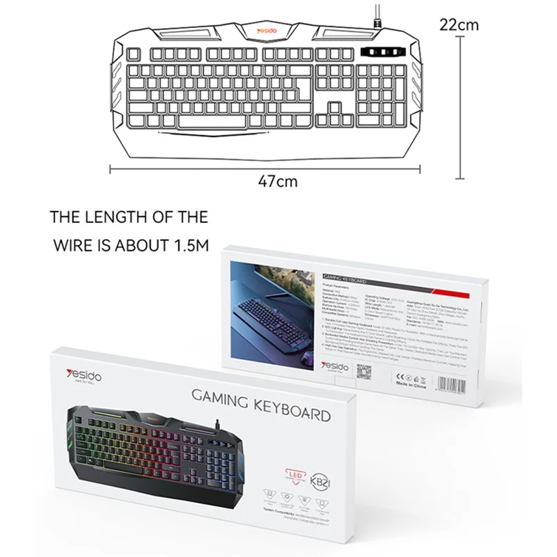 YESIDO KB21 Teclado con Cable USB de 1,5 m, Teclado de Juego de 104 teclas con Luz de Respiración