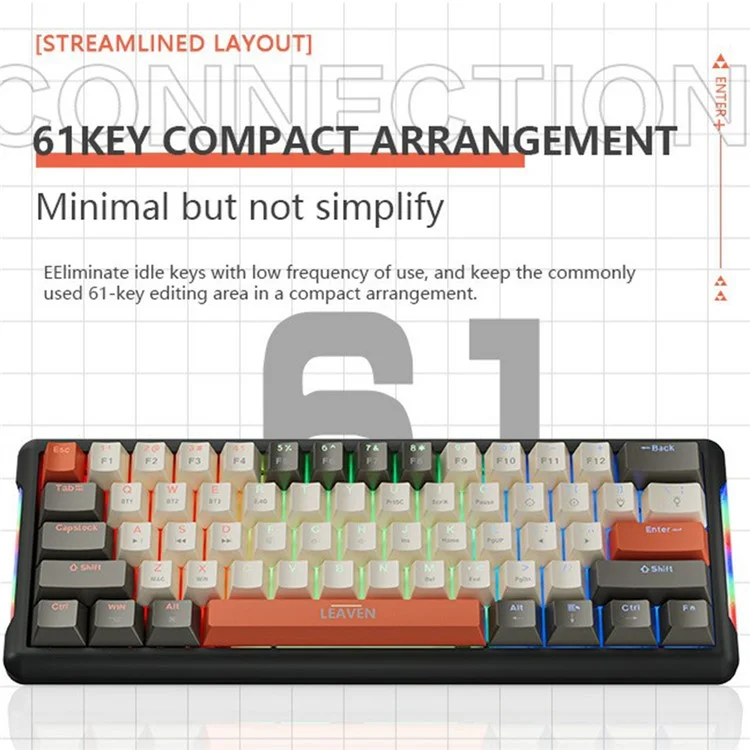 LEAVEN K610 1.6m Wired 61-key Water-Cooled E-Sports Gaming Mechanical Keyboard, Classic Version - White+Grey+Orange / Red Switch