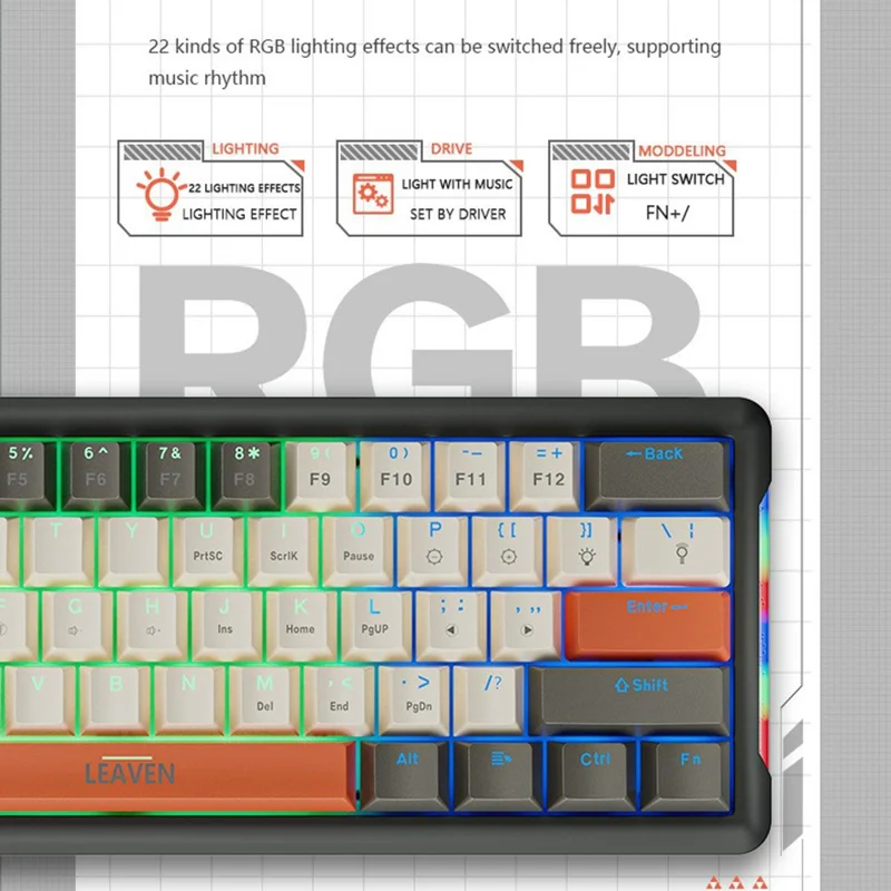 LEAVEN K610 1.6m Wired 61-key Water-cooled E-sports Gaming Mechanical Keyboard, Classic Version - Orange+Grey+Yellow / Red Switch