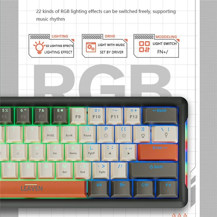 LEAVEN K610 1.6m Wired 61-key Water-cooled E-sports Gaming Mechanical Keyboard, Classic Version - Grey+White+Orange / Blue Switch