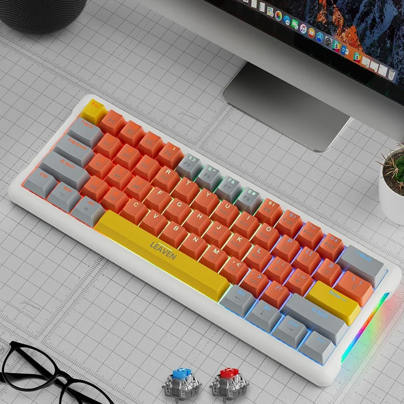 LEAVEN K610 1.6m Wired 61-key Water-cooled E-sports Gaming Mechanical Keyboard, Classic Version - Grey+Orange+Yellow / Red Switch