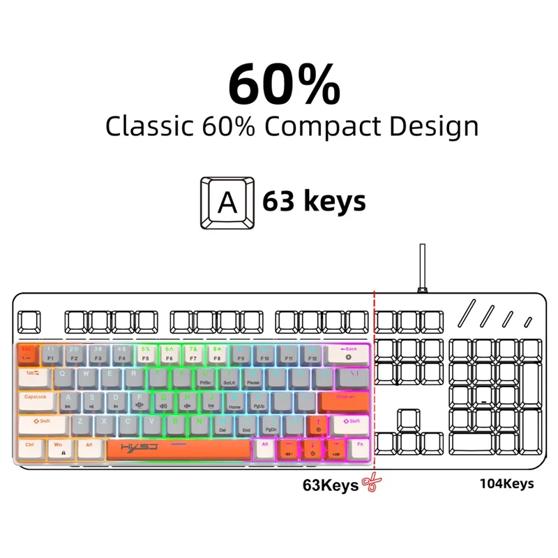 HXSJ V500 Mechanical Wired Keyboard 63 Keys Gaming Keyboard with Backlight Effect - Red Switch