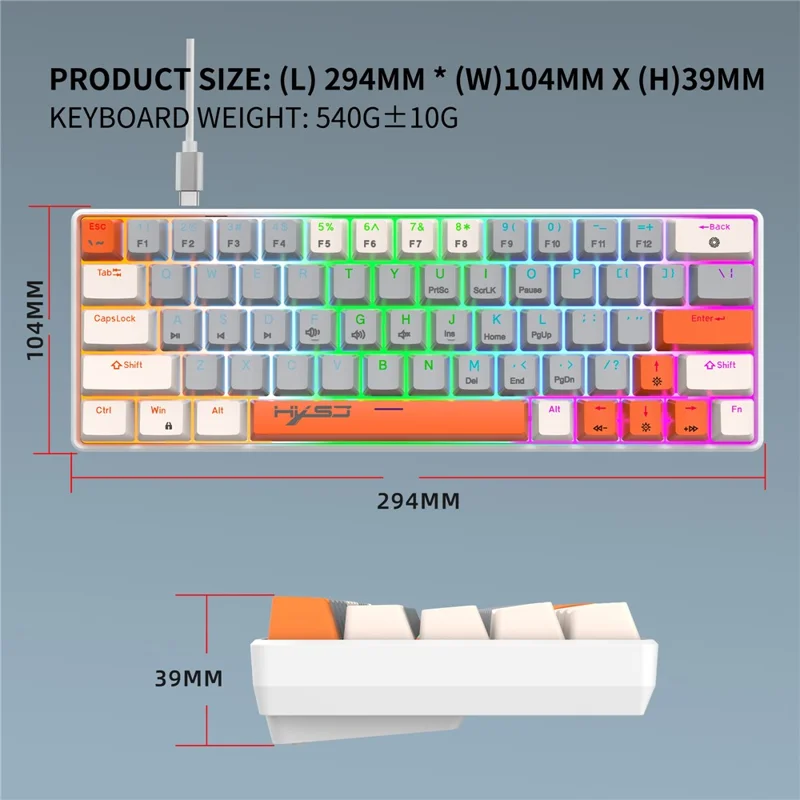 HXSJ V500 Mechanical Wired Keyboard 63 Keys Gaming Keyboard with Backlight Effect - Red Switch