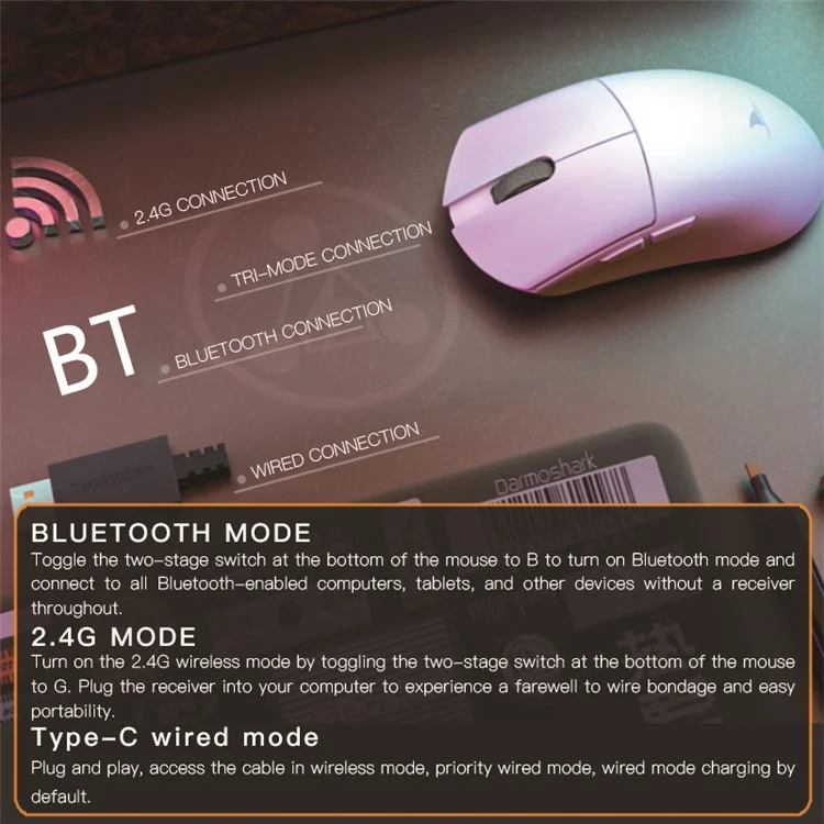 DARMOSHARK M3 Pro Tri-Mode 2.4G / USB-C / Bluetooth-compatible Mouse Wireless Gaming Mouse PAW3395 Chip for Laptop PC - Purple